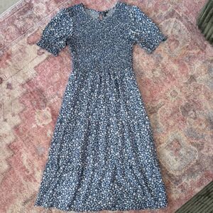 Maggeer Blue Floral Smocked Midi Dress Round Neck Puff Short Sleeve A-Line S
